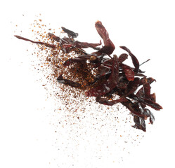 Fototapeta premium Dried Red hot Chilli fall down explosion, dried Red Chilli float explode, abstract cloud fly. Mix ground powder Chillis splash throwing in Air. White background Isolated high speed shutter, freeze