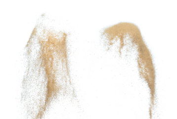 Sand flying explosion, Golden sand wave explode. Abstract sands cloud fly. Yellow colored sand splash throwing in Air. White background Isolated high speed shutter, throwing freeze stop motion