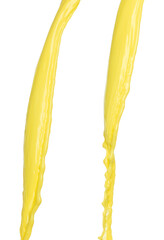 Fototapeta premium Banana juice flying fall down, yellow banana chopped slice juice wave explode. Yellow paint color splash throwing in Air. White background Isolated high speed shutter, throwing freeze stop motion
