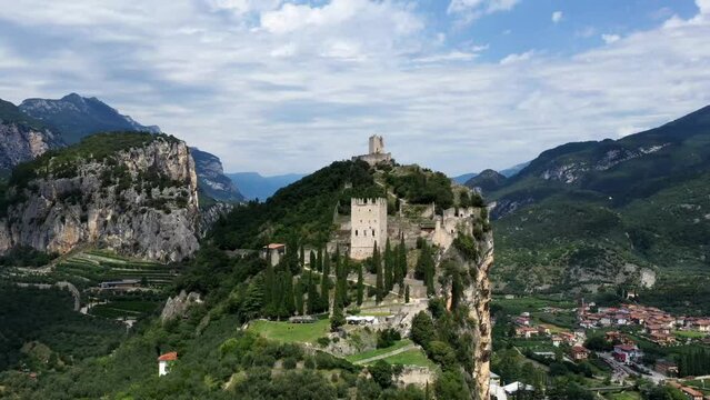 Arco, Trento, Italy;  Aerial view of Arco castle (Castello di Arco ) on high rock view, Sarca Valley, Trentino Alto Adige region of Italy 