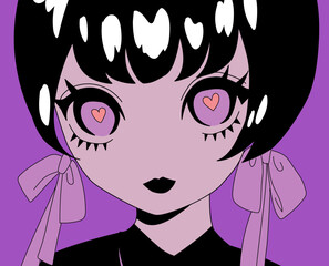 Illustration of pink-eyed anime girl. Vector graphic design for t-shirt, poster or cover.