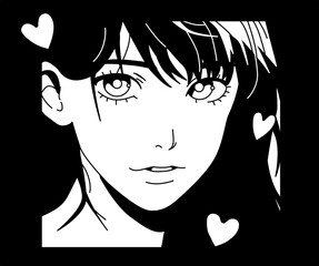Illustration of black-haired anime girl. Vector graphic design for t-shirt, poster or cover.