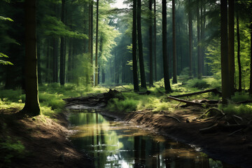 Fototapeta premium 光が差し込む森に流れる小川