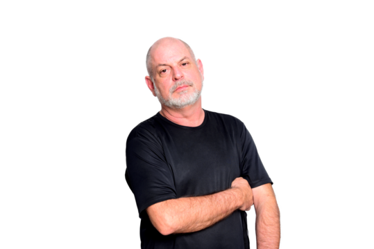 white bearded adult man with crossed arm serious expression