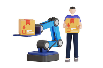 Robot arm lifting a cardboard box 3d illustration. Industrial robotic arm lifts a load. 3D Illustration