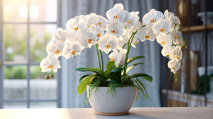 明るい部屋に飾られた美しい胡蝶蘭の鉢植え