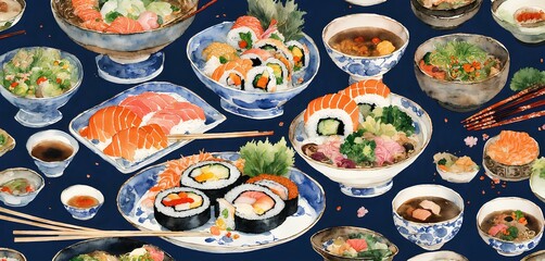 和食、寿司、日本文化、水彩画、背景｜Japanese food, sushi, Japanese culture, watercolor, background. Generative AI