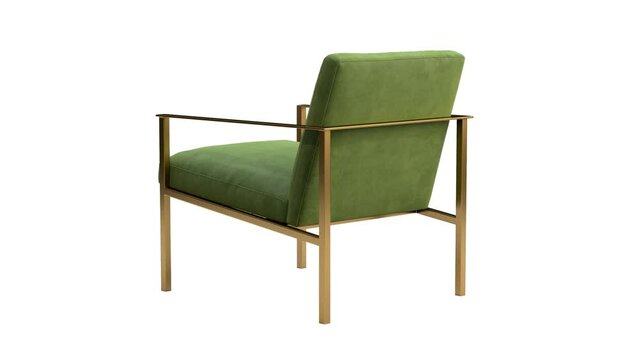 Circular animation of modern textile armchair. Green velvet upholstery chair with gold metal base on white background. Mid-century, Loft, Chalet, Scandinavian interior. 3d render