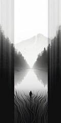 Silhouette of a man looking at the lake in the mountains. Black and white phone wallpaper.