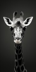 Portrait of a giraffe on a black background.