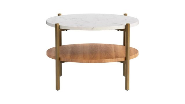 Circular animation of modern style coffee table with brass metal base, marble top and wooden shelve on white background. Round coffee table. Modern, Loft, Scandinavian interior. 3d render