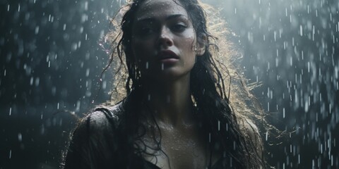 Woman in the rain, evocative portrait with raindrops, highlighting vulnerability and contemplative mood.

