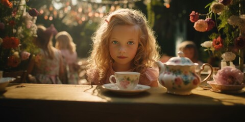 Young girl at tea party in garden, whimsical scene with soft focus on surrounding flowers, childhood innocence.

