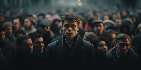 Crowded urban scene with focused man in overcoat, multitude of people in background, city rush hour.

