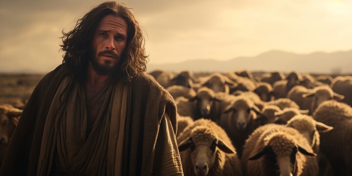 Jesus among a flock of sheep in golden light.