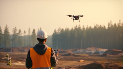 Operator flying the drone for the inspection at the site. - obrazy, fototapety, plakaty