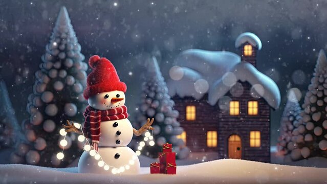 Animated Christmas concept decoration with a snowman surrounded by snowfall. Cartoon style. seamless looping time lapse video 4k animation background.