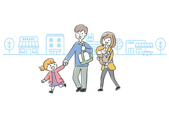 家族でお出かけしているイラスト