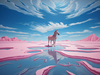 Pink zebra walking through pink landscape - obrazy, fototapety, plakaty
