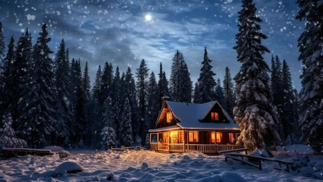 Winter landscape with snow covered house. seamless looping 4k time-lapse virtual video animation background