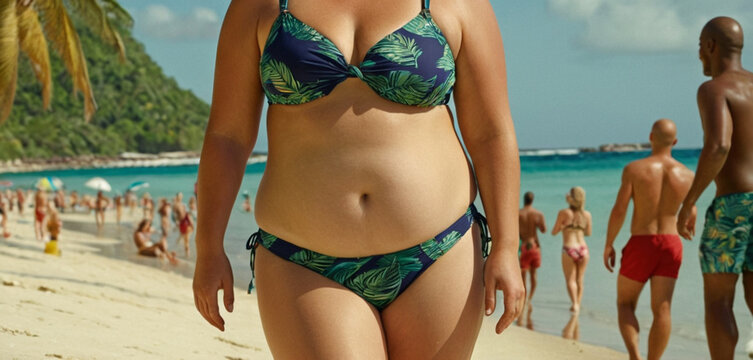 Slightly overweight Caucasian woman, wearing bikini on sandy beach at tropical vacation spot, body and feeling comfortable or uncomfortable, weight and ideal of beauty, fictional place