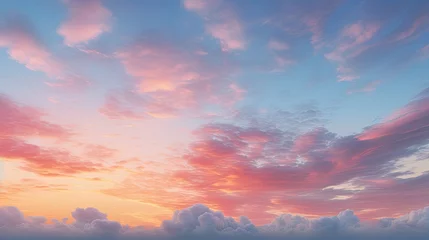 Fotobehang Sky at sunset, sky at sunrise, clouds, orange clouds cirrus clouds, cumulus clouds, sky gradient, sky background at dusk, twilight, nightfall, pink sky, pink clouds, sun, environment, background © zeenika