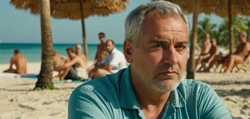 thoughtful mature adult caucasian man with gray hair and summer shirt, excluded from other foreigners or having no friends, sad and upset - obrazy, fototapety, plakaty