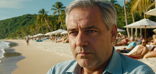 thoughtful mature adult caucasian man with gray hair and summer shirt, excluded from other foreigners or having no friends, sad and upset, sitting alone and lonely  - obrazy, fototapety, plakaty