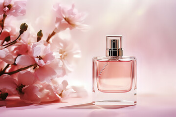 Pink bottle of perfume with flowers, rose, petals. close up. Beauty background	