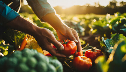 Hands tenderly harvest ripe vegetables in a sunlit garden, showcasing care and connection to nature - obrazy, fototapety, plakaty