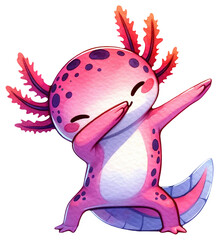 An adorable watercolor dabbing axolotl clipart - perfectly isolated, with soft natural watercolor texture. Cool party vibe.