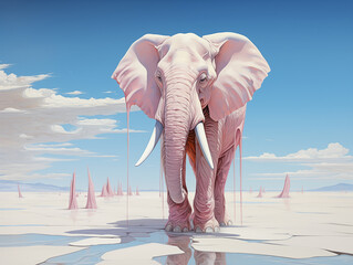 Melting pink bubble gum elephant walking through a white desert - blue sky - obrazy, fototapety, plakaty