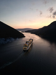 Evening view of a cruise ship from a drone
