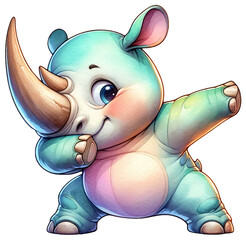 An adorable watercolor dabbing rhino clipart - perfectly isolated, with soft natural watercolor texture. Cool party vibe.