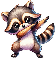 An adorable watercolor dabbing raccoon clipart - perfectly isolated, with soft natural watercolor texture. Cool party vibe.