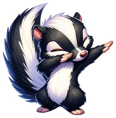 An adorable watercolor dabbing skunk clipart - perfectly isolated, with soft natural watercolor texture. Cool party vibe.