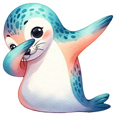 An adorable watercolor dabbing seal clipart - perfectly isolated, with soft natural watercolor texture. Cool party vibe.
