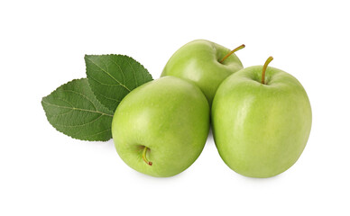 Ripe green apples and leaves isolated on white