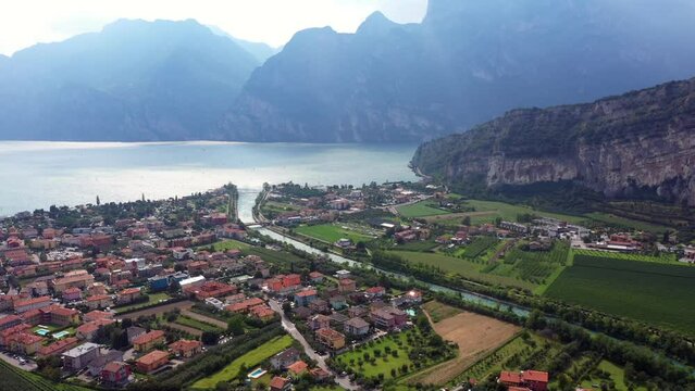 Aerial view of Torbole and Mount Brione. Torbole, Nago, Trento, Garda Lake, Italy