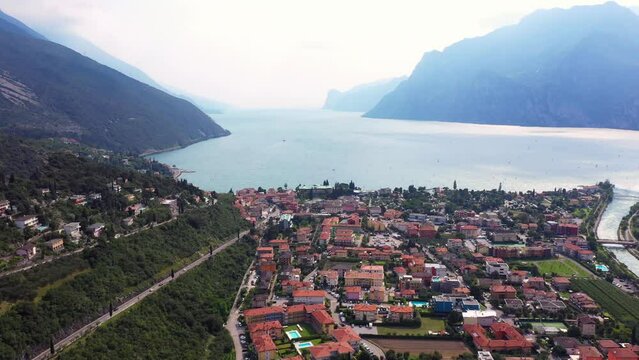 Aerial view of Torbole and Mount Brione. Torbole, Nago, Trento, Garda Lake, Italy