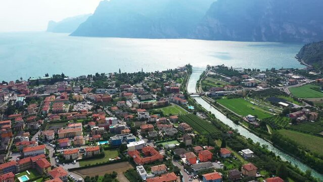 Aerial view of Torbole and Mount Brione. Torbole, Nago, Trento, Garda Lake, Italy