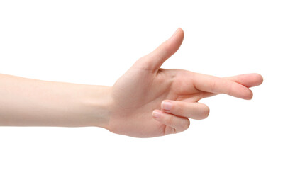 Woman crossing her fingers on white background, closeup