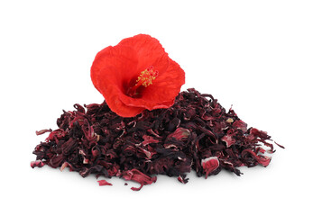 Pile of dry hibiscus tea and beautiful flower isolated on white