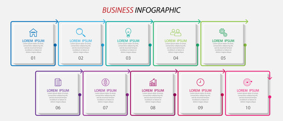 business infographic template. thin line design
with icons, text, number and 10 options or steps.
used for process diagrams, workflow layouts, flowcharts, infographics, 
and your presentations