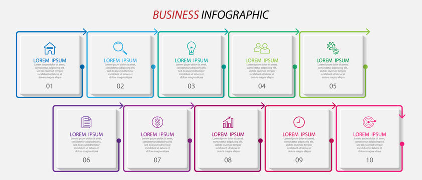 business infographic template. thin line design
with icons, text, number and 10 options or steps.
used for process diagrams, workflow layouts, flowcharts, infographics, 
and your presentations