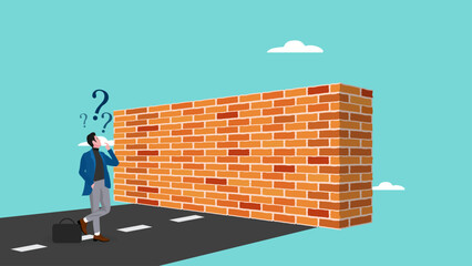 businessman facing the wall concept illustration, business obstacle and barrier concept, Businessman Stand with Dizzy Head front of High Brick Wall Face Difficulty on Way to Goal Achievement