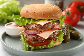 Tasty hamburger with patty, cheese and vegetables served on table, closeup