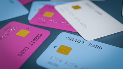 Close-up background of various colored credit cards, 3d rendering - obrazy, fototapety, plakaty