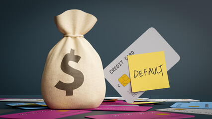 Money bags with the concept of personal credit delinquency and credit cards with a 'default' memo,...