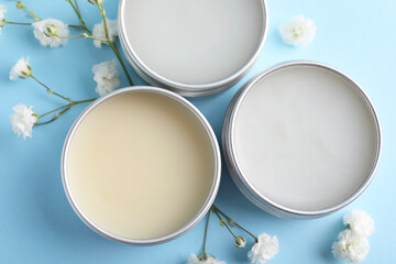 Different lip balms and gypsophila on light blue background, flat lay